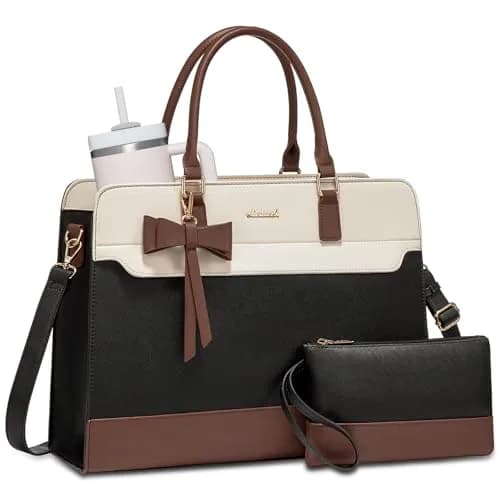 LOVEVOOK Laptop Tote Bag for Women, Black-White-Brown-UP, 42cm (16.9") | Water-Resistant Work Bag with Organizer — Black-white-brown-up