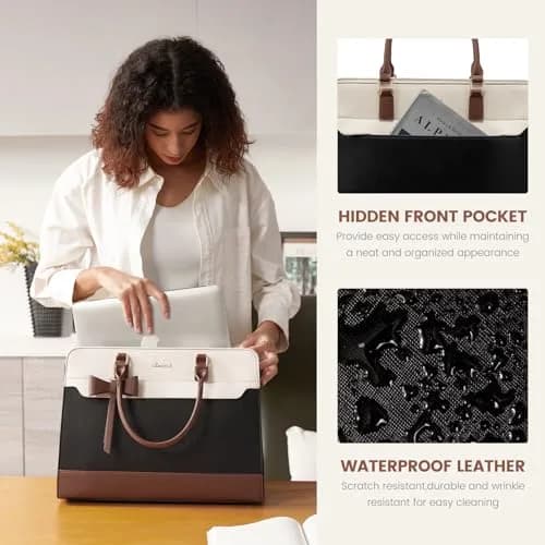 LOVEVOOK Laptop Tote Bag for Women, Black-White-Brown-UP, 42cm (16.9") | Water-Resistant Work Bag with Organizer thumbnail 5