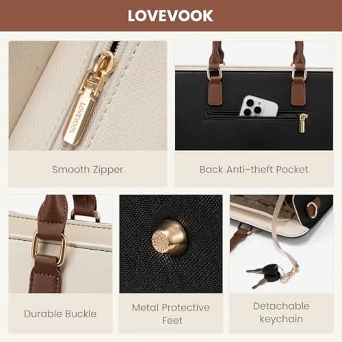 LOVEVOOK Laptop Tote Bag for Women, Black-White-Brown-UP, 42cm (16.9") | Water-Resistant Work Bag with Organizer thumbnail 6