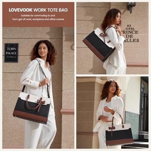 LOVEVOOK Laptop Tote Bag for Women, Black-White-Brown-UP, 42cm (16.9") | Water-Resistant Work Bag with Organizer thumbnail 2