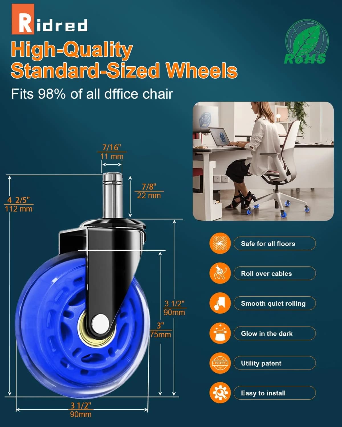 RidRed Heavy Duty Office Chair Wheels - 5-Pack Blue Rollerblade Casters | Smooth Rolling, Floor Safe, 650lb Capacity thumbnail 9
