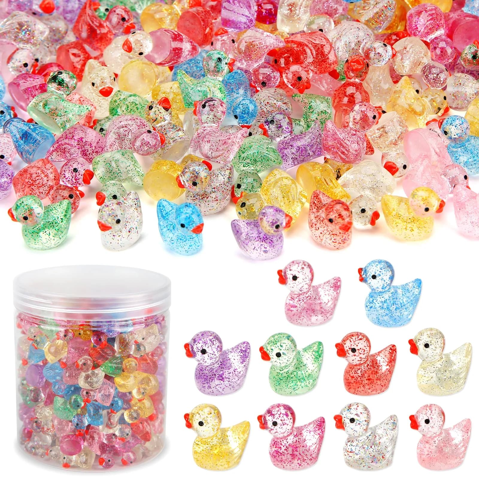 GWAHSA Glitter Mini Resin Ducks 240 Pcs (0.6 inch / 1.5 cm) | Tiny Small Plastic Ducks Figures for Dollhouse Decor - main product image