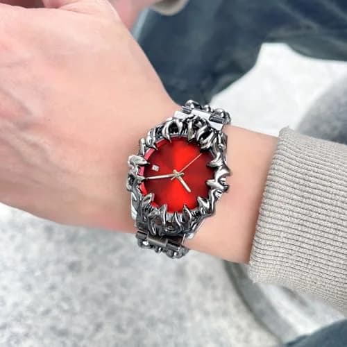 CARLIEN Gothic Claw Watch for Men – Unique Stainless Steel Wristwatch, Luminous Hands, Waterproof Quartz Movement, Futuristic Melting Style (Red) thumbnail 4