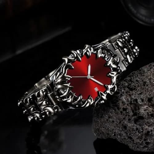 CARLIEN Gothic Claw Watch for Men – Unique Stainless Steel Wristwatch, Luminous Hands, Waterproof Quartz Movement, Futuristic Melting Style (Red) thumbnail 2