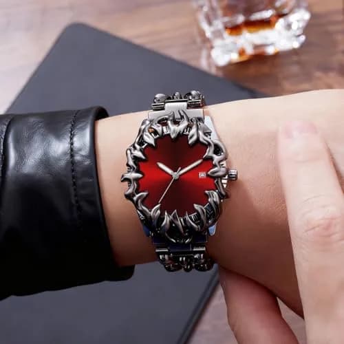CARLIEN Gothic Claw Watch for Men – Unique Stainless Steel Wristwatch, Luminous Hands, Waterproof Quartz Movement, Futuristic Melting Style (Red) thumbnail 3