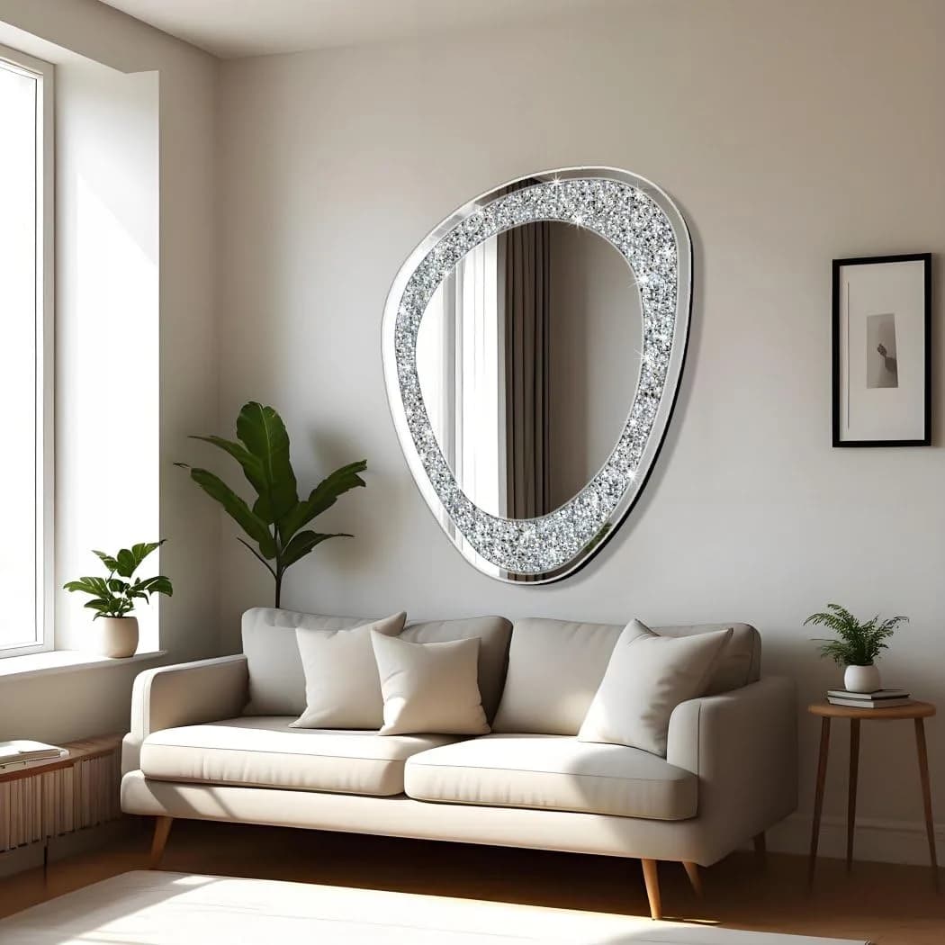 DMDFIRST Crystal Crushed Diamond Oval Shaped Silver Mirror 24x32 inch Frameless Wall Decor — Silver