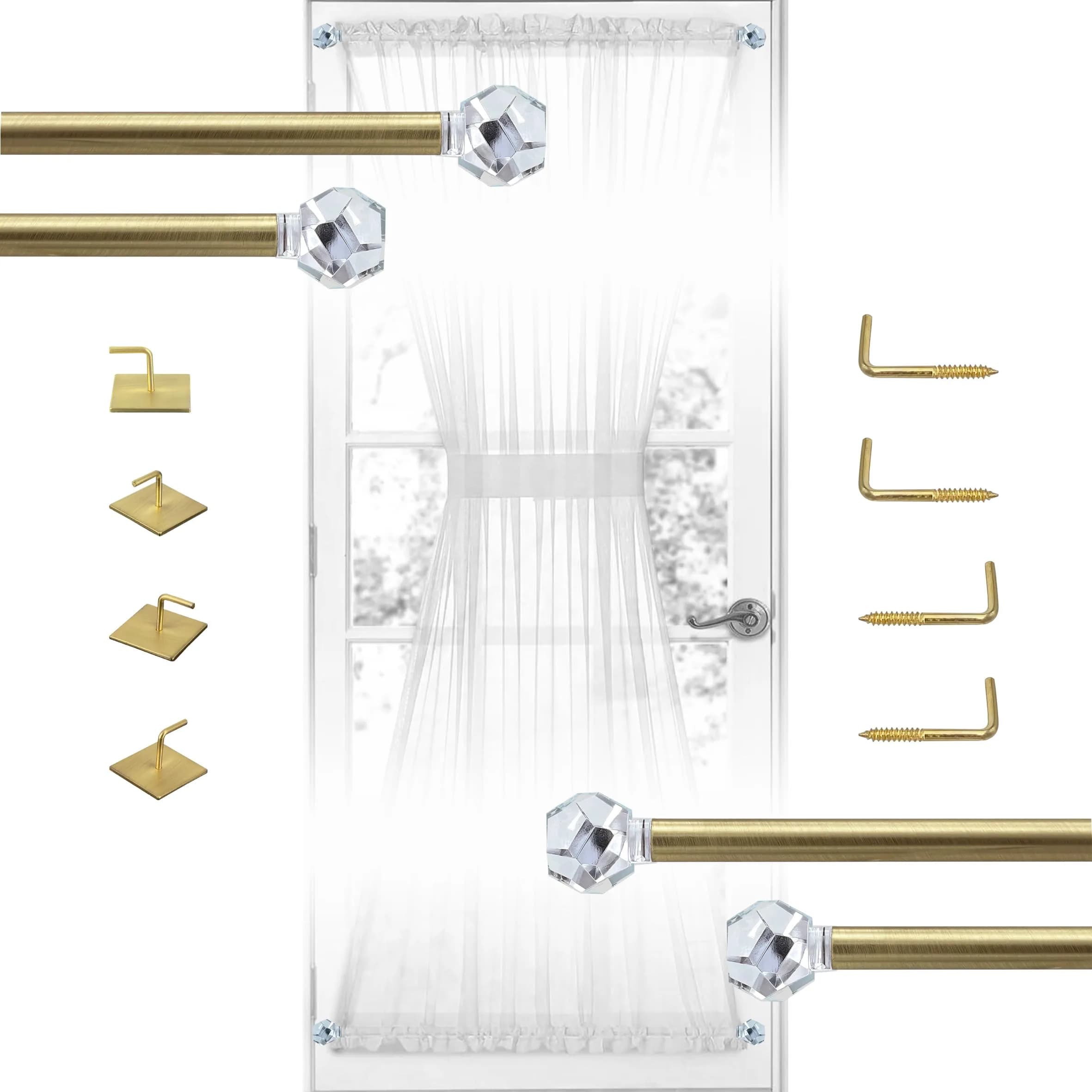 ARNORX 3/8" Sash Curtain Rods with Clear Crystal Ball Finials, 16-28 Inch Adjustable | Elegant Brass Brushed Finish for French Doors & Windows - main product image