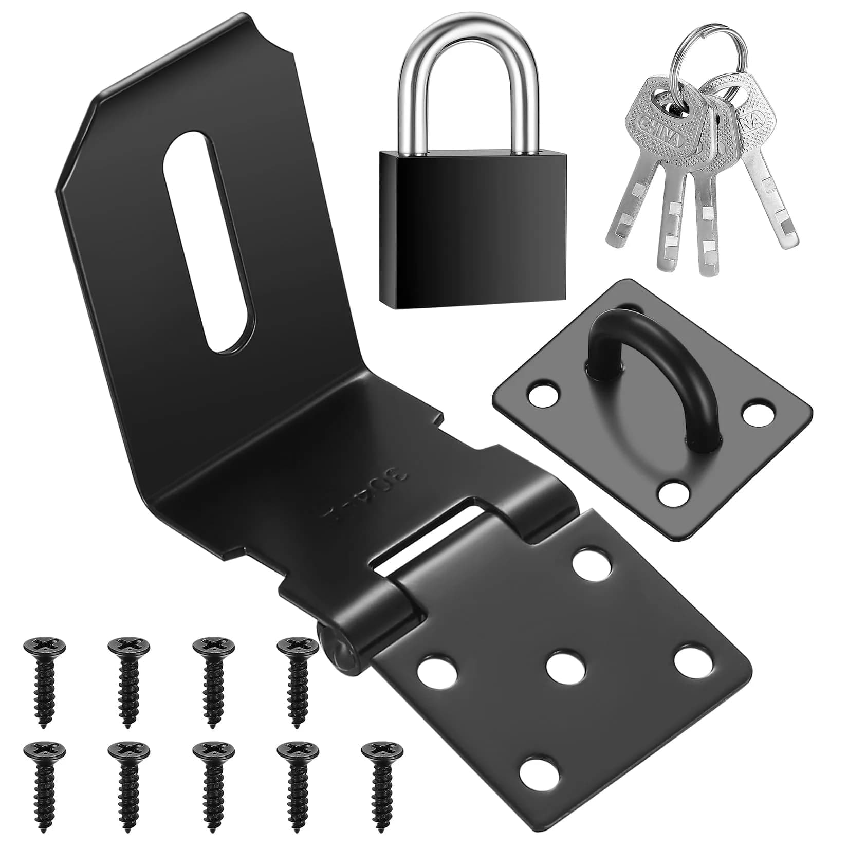qiwuhai 4 Inch 90° Stainless Steel Padlock Hasp Latch Set with Padlock & Keys | Heavy Duty Security for Doors & Gates — Black