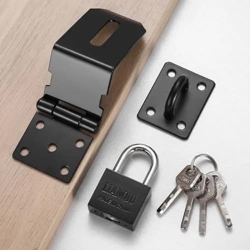 qiwuhai 4 Inch 90° Stainless Steel Padlock Hasp Latch Set with Padlock & Keys | Heavy Duty Security for Doors & Gates thumbnail 3