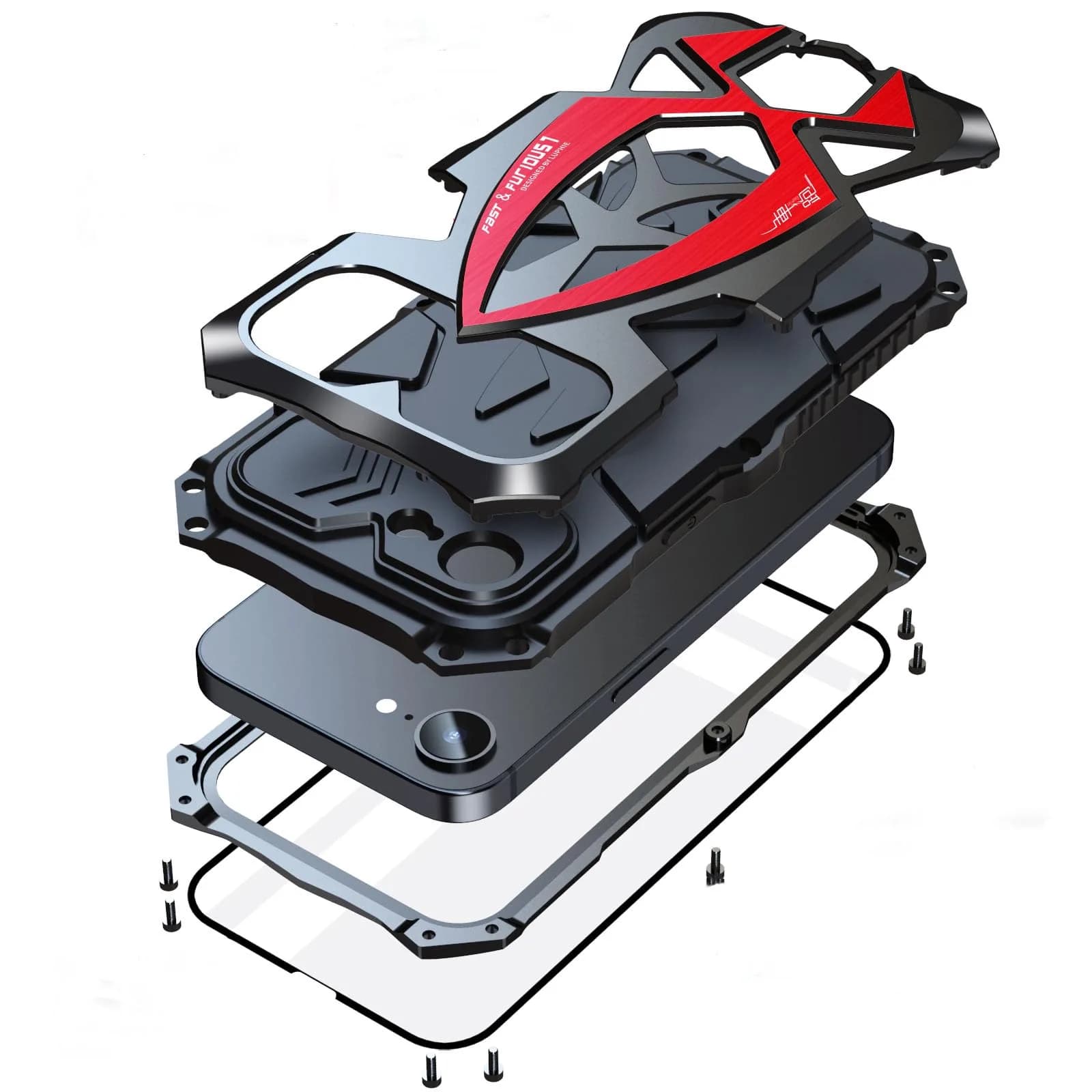 Lunivop iPhone 17e / 16e Heavy Duty Metal Case Black Red | 6.1'' Full-Body Armor — Black Red