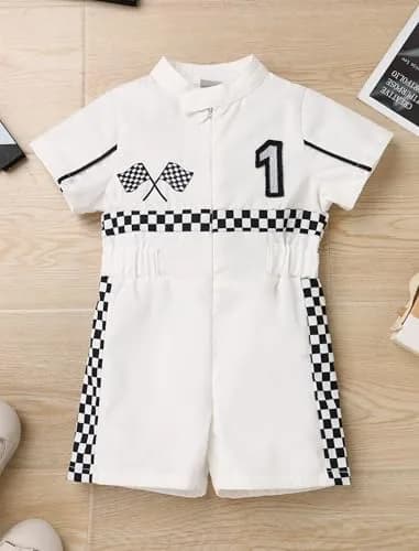IWEMEK Baby Boy Race Car Driver Outfit 1st Birthday Romper | White-1Y (9-12 Months) thumbnail 2