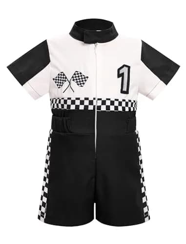 IWEMEK Baby Boy Race Car Driver Outfit 1st Birthday Party Fast One Birthday Outfit Kids Race Car Driver Romper Girls Boys Racer Jumpsuit Toddler Speed Racing Suit Black 9-12 Months thumbnail 1