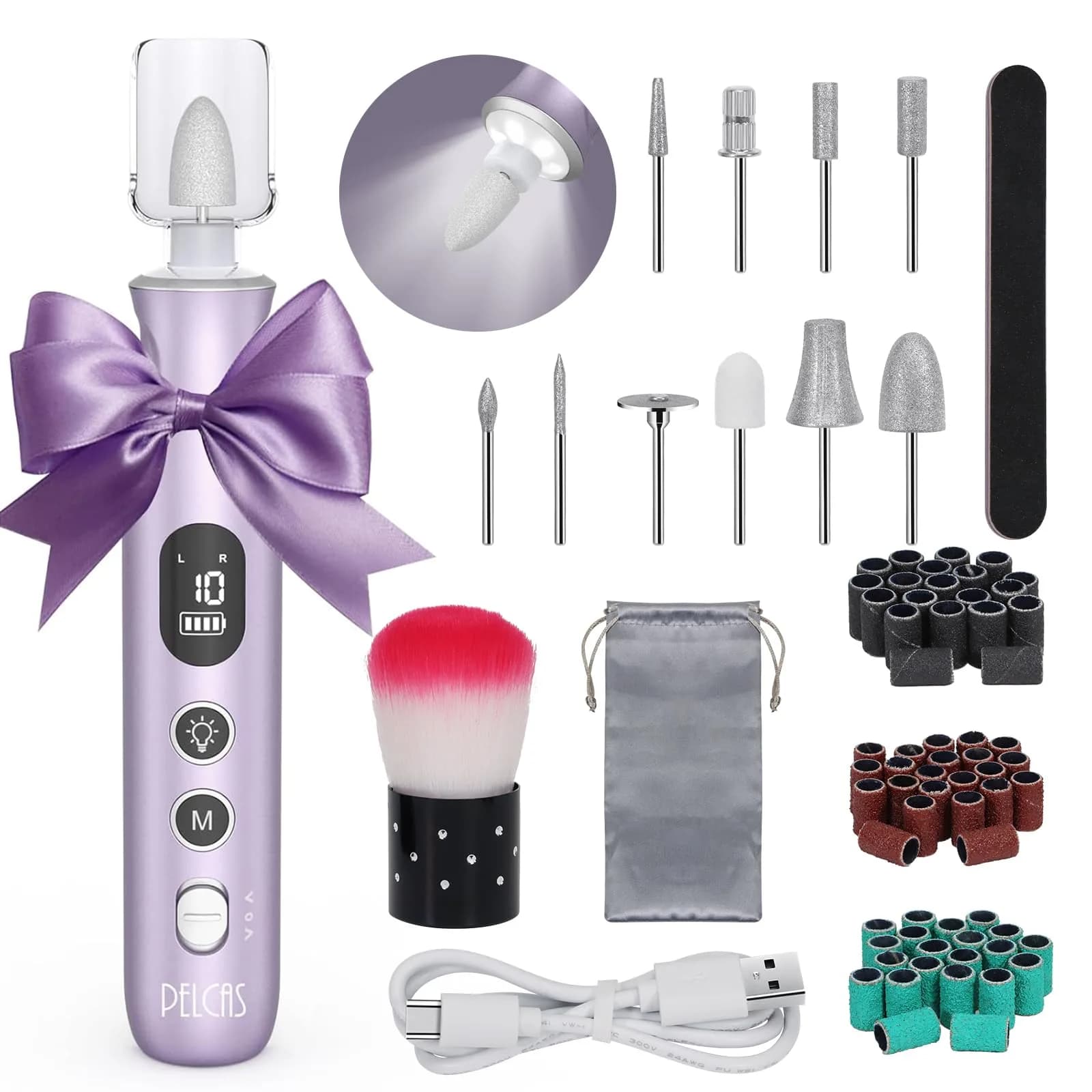 PELCAS Cordless Electric Nail Drill with LED Light, 10 Speeds & LCD Screen, Portable Manicure & Pedicure Kit (Purple, 5-Hour Battery) - main product image