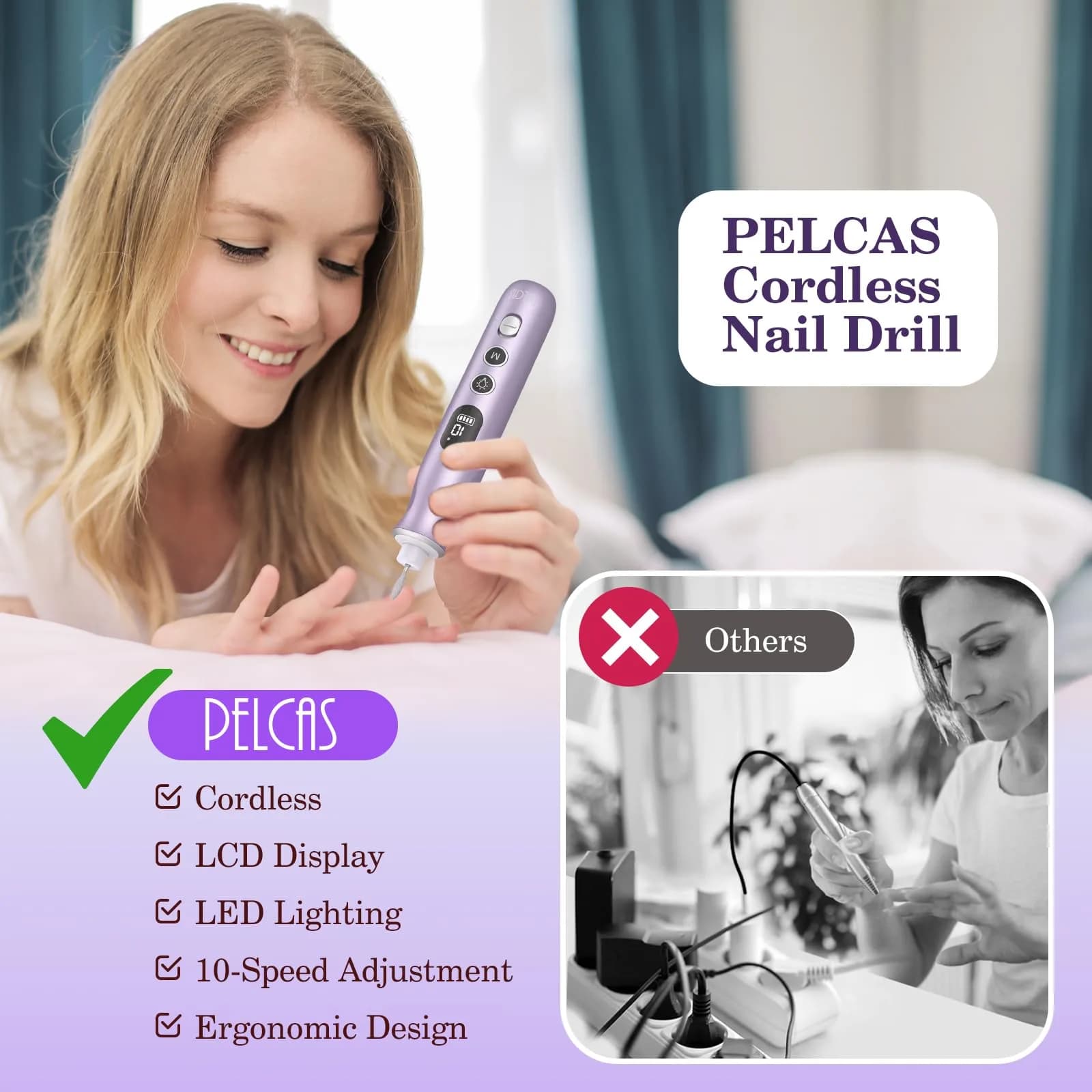 PELCAS Cordless Electric Nail Drill with LED Light, 10 Speeds & LCD Screen, Portable Manicure & Pedicure Kit (Purple, 5-Hour Battery) - view 3