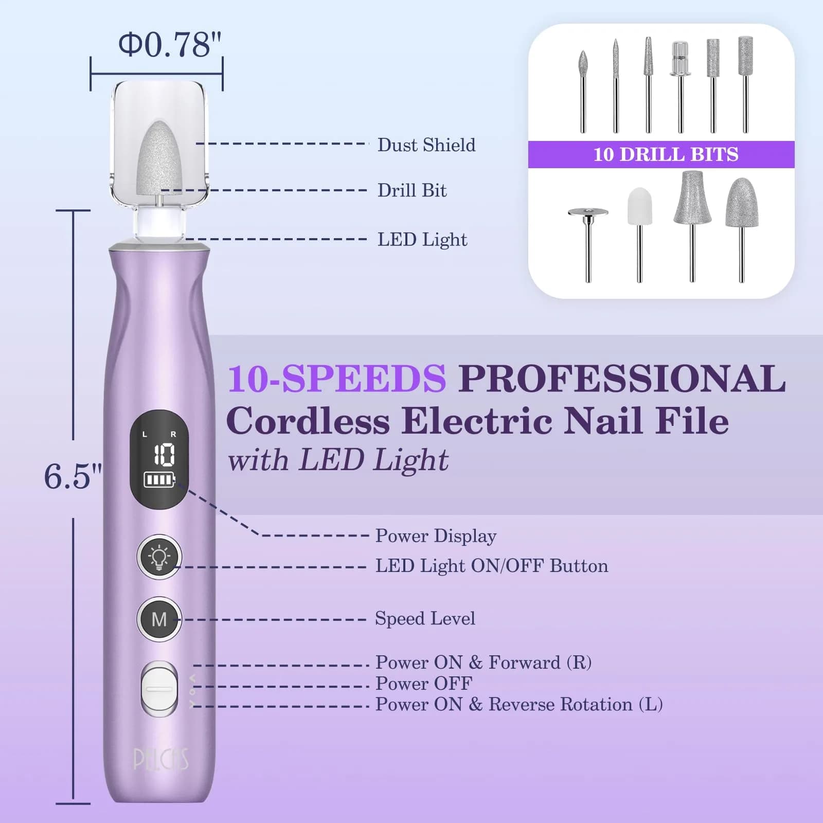 PELCAS Cordless Electric Nail Drill with LED Light, 10 Speeds & LCD Screen, Portable Manicure & Pedicure Kit (Purple, 5-Hour Battery) - view 5