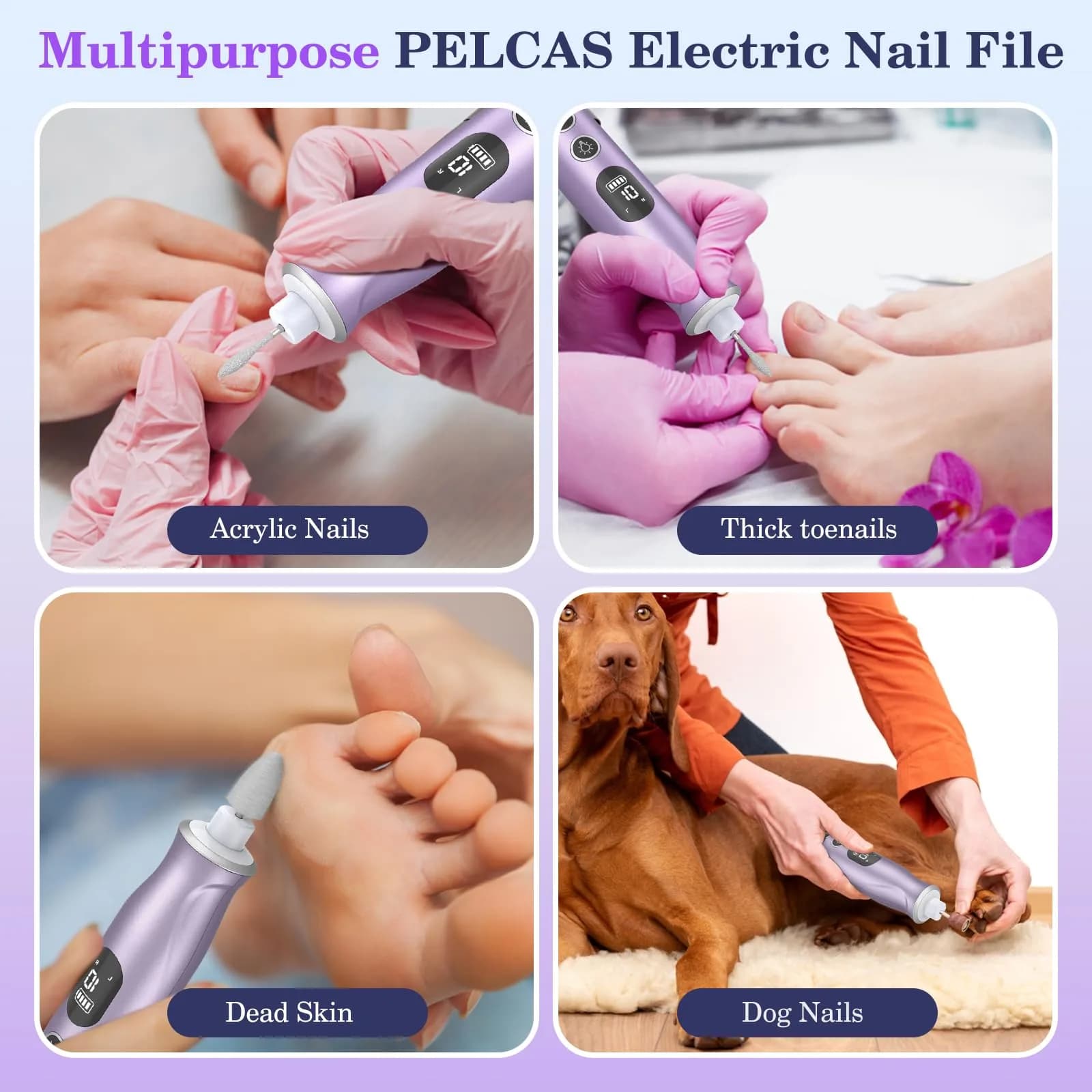PELCAS Cordless Electric Nail Drill with LED Light, 10 Speeds & LCD Screen, Portable Manicure & Pedicure Kit (Purple, 5-Hour Battery) - view 6