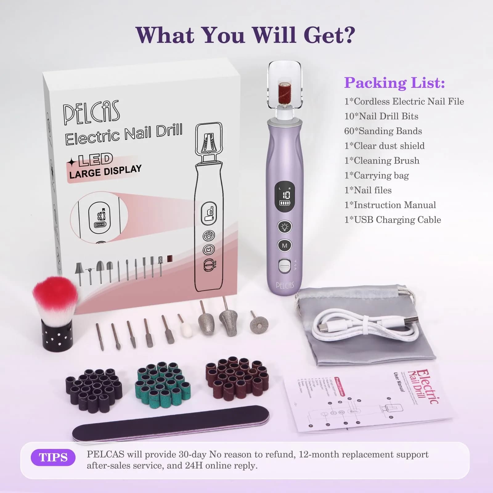 PELCAS Cordless Electric Nail Drill with LED Light, 10 Speeds & LCD Screen, Portable Manicure & Pedicure Kit (Purple, 5-Hour Battery) - view 7