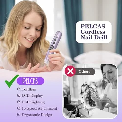 PELCAS Cordless Electric Nail Drill Purple 16.51cm (6.5") | 10-Speed Portable Manicure & Pedicure Kit with LED Light thumbnail 3
