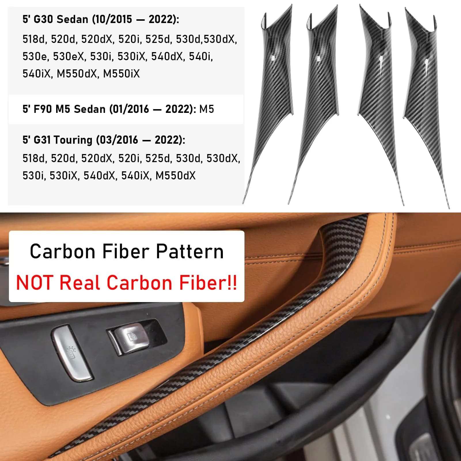 Jaronx Carbon Fiber Pattern Door Handle Covers 4 Pieces | For BMW 5 Series G30 G31 F90 M5 2017-2022 - view 4