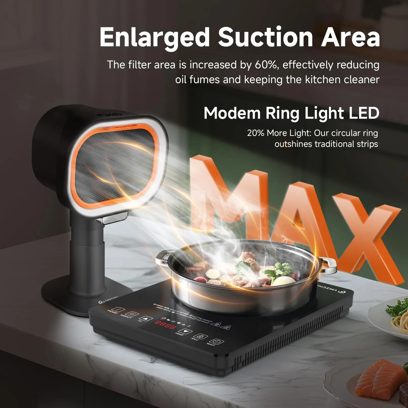 AMZCHEF Portable Range Hood - 120 CFM Ductless Exhaust Fan with 4-Speed, Telescoping Arm & LED Light, Black - view 6