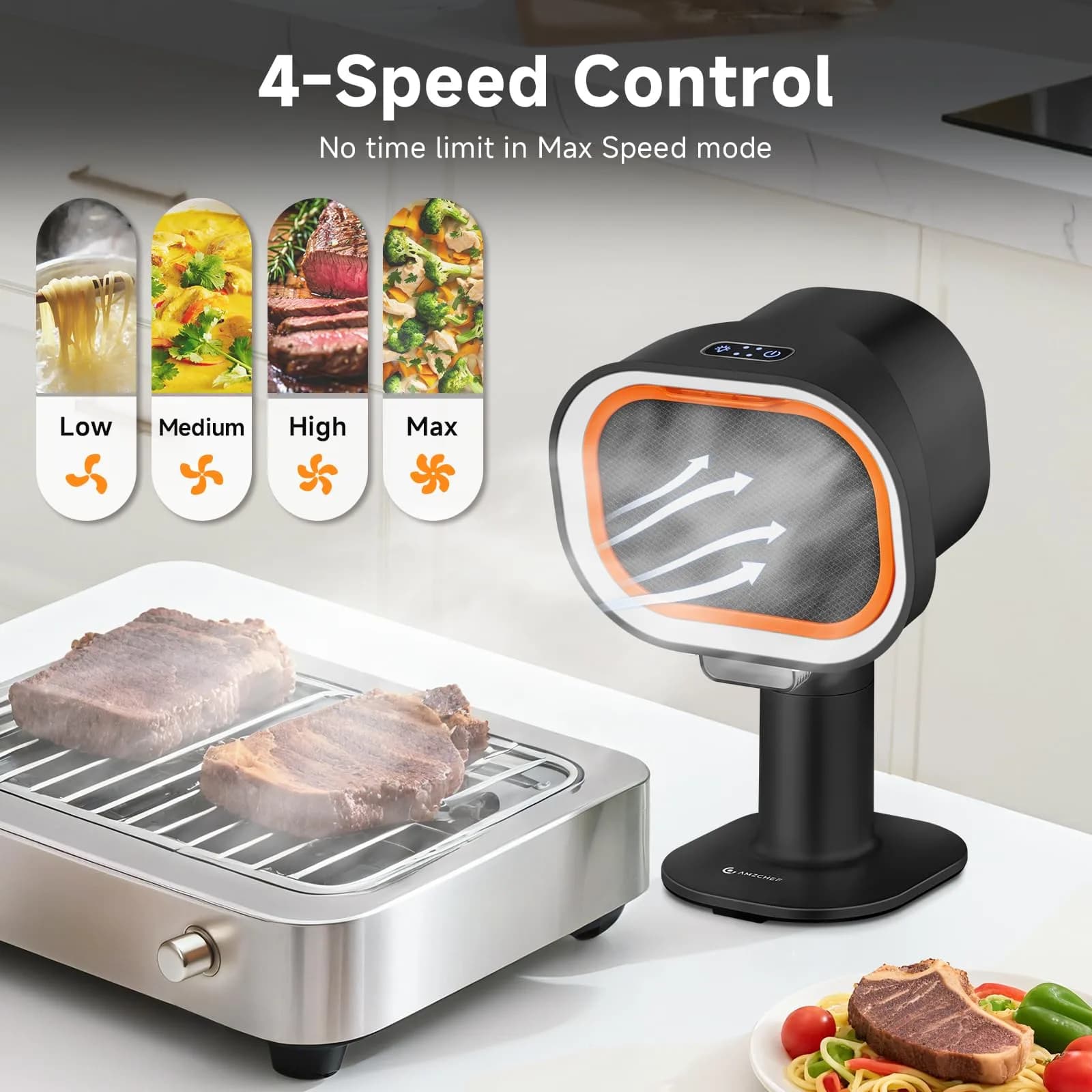 AMZCHEF Portable Range Hood - 120 CFM Ductless Exhaust Fan with 4-Speed, Telescoping Arm & LED Light, Black - view 7
