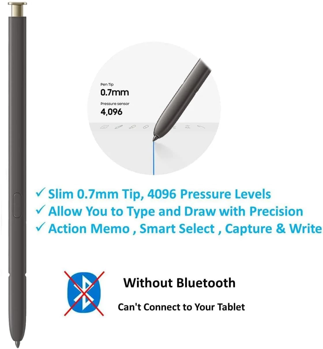 TYHJ S Pen Replacement for Samsung Galaxy S24 Ultra 5G (Yellow Gold) | 0.7mm Nibs, 4096 Pressure Sensor - view 2
