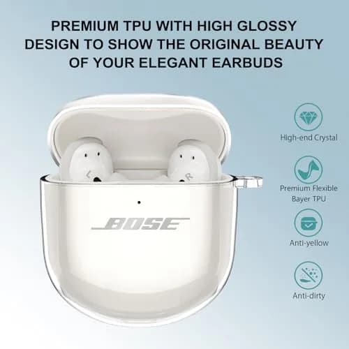Aircawin Clear Case for Bose QuietComfort Earbuds II / Ultra (2022-2025 Models) | Hingeless TPU Protective Cover with Carabiner & Cleaning Pen thumbnail 2