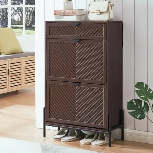 VIPLUMI Shoe Cabinet with 2 Flip Drawers | Narrow Entryway Storage in Brown thumbnail 1