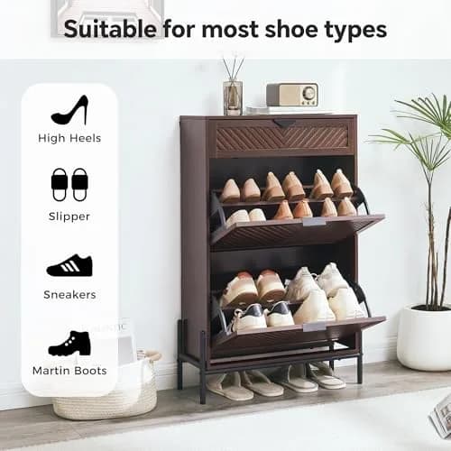 VIPLUMI Shoe Cabinet with 2 Flip Drawers | Narrow Entryway Storage in Brown thumbnail 2