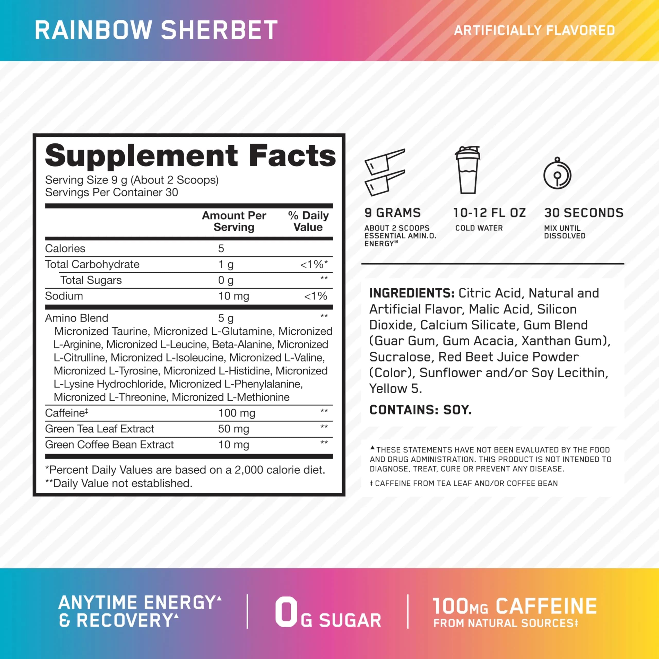 Optimum Nutrition Amino Energy Rainbow Sherbet Pre Workout Powder, 30 Servings | BCAA Amino Acids for Energy & Focus - view 2