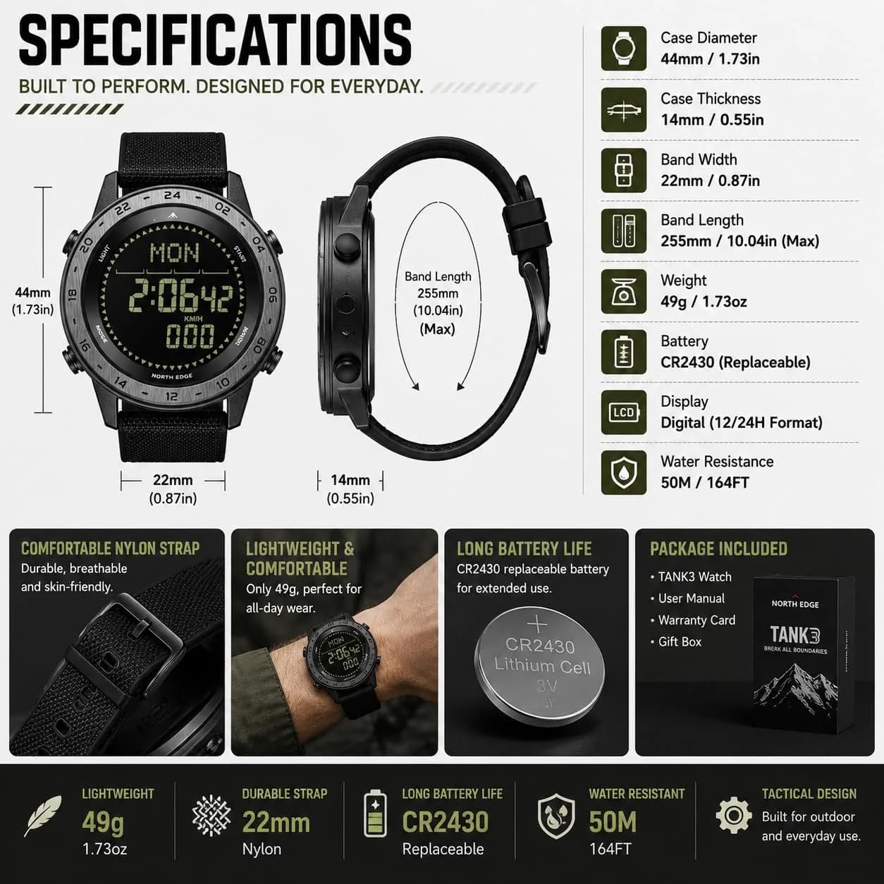 NORTH EDGE TANK3 Men’s Digital Sports Watch, Tactical Military Watch with Compass, Pedometer, Stopwatch, EL Backlight, 50M Water Resistant thumbnail 7