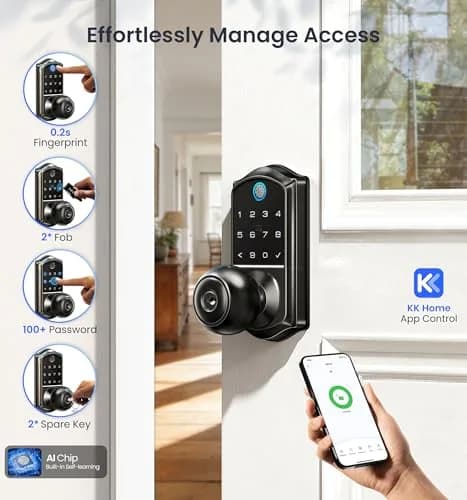 Veise VE018 Smart Door Knob Handle Lock with Fingerprint Keypad, Matte Black, 1-Pack thumbnail 2