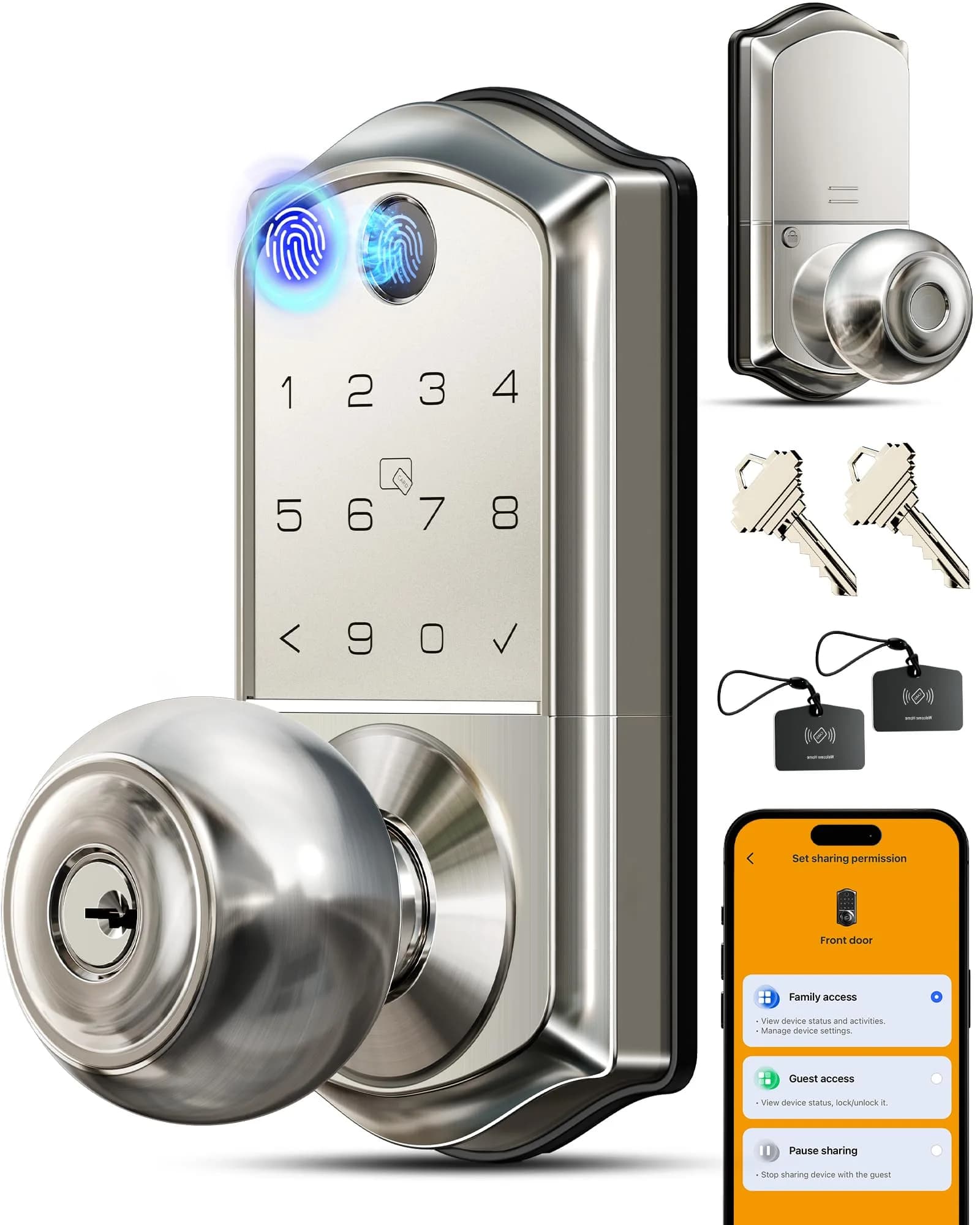 Veise VE018 Smart Door Knob Handle Lock Satin Nickel | Keyless Entry with App Control & Fingerprint Unlock - main product image