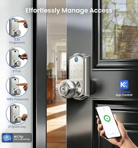 Veise VE018 Smart Door Knob Handle Lock Satin Nickel | Keyless Entry with App Control & Fingerprint Unlock thumbnail 2