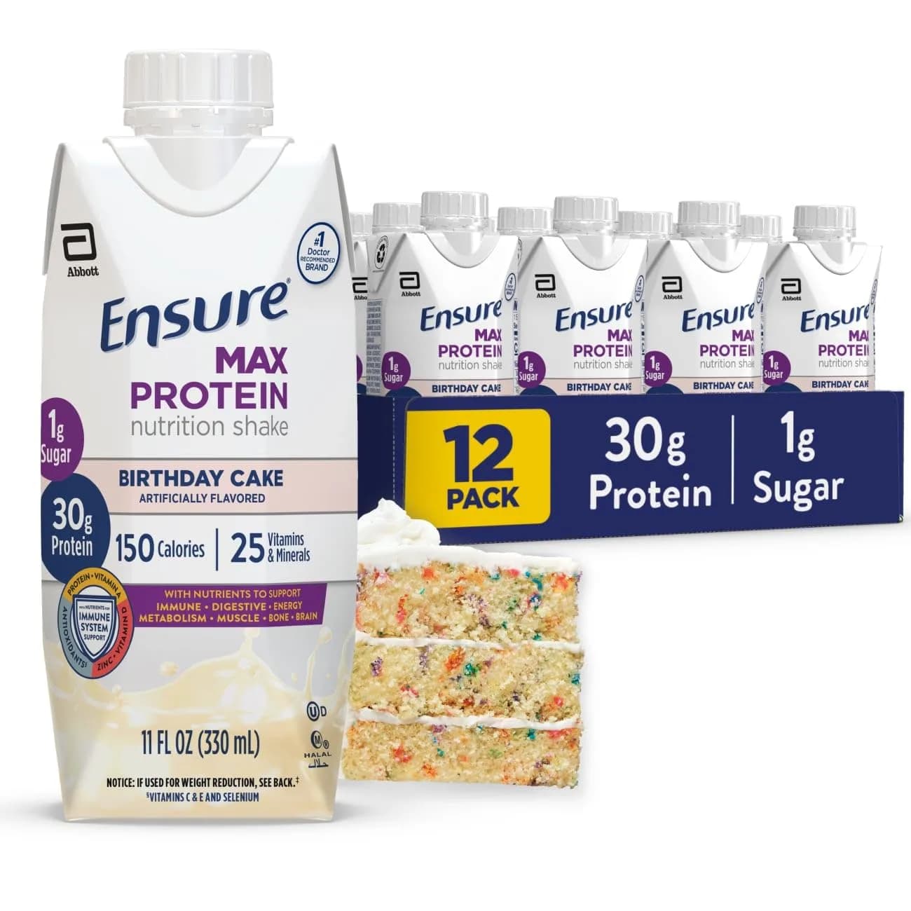 Ensure Max Protein Birthday Cake Shake, 11 Fl Oz (Pack of 12) | 30g Protein & 4g Fiber for Muscle & Digestive Support