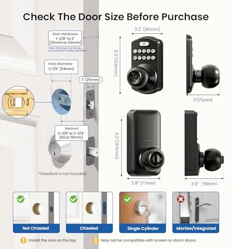 Veise KS03 Keypad Door Knob with Handle | Keyless Entry Lock, Matte Black, 20 User Codes, Auto-Lock, Waterproof thumbnail 6
