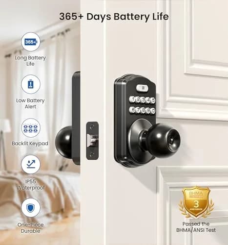 Veise KS03 Keypad Door Knob with Handle | Keyless Entry Lock, Matte Black, 20 User Codes, Auto-Lock, Waterproof thumbnail 3