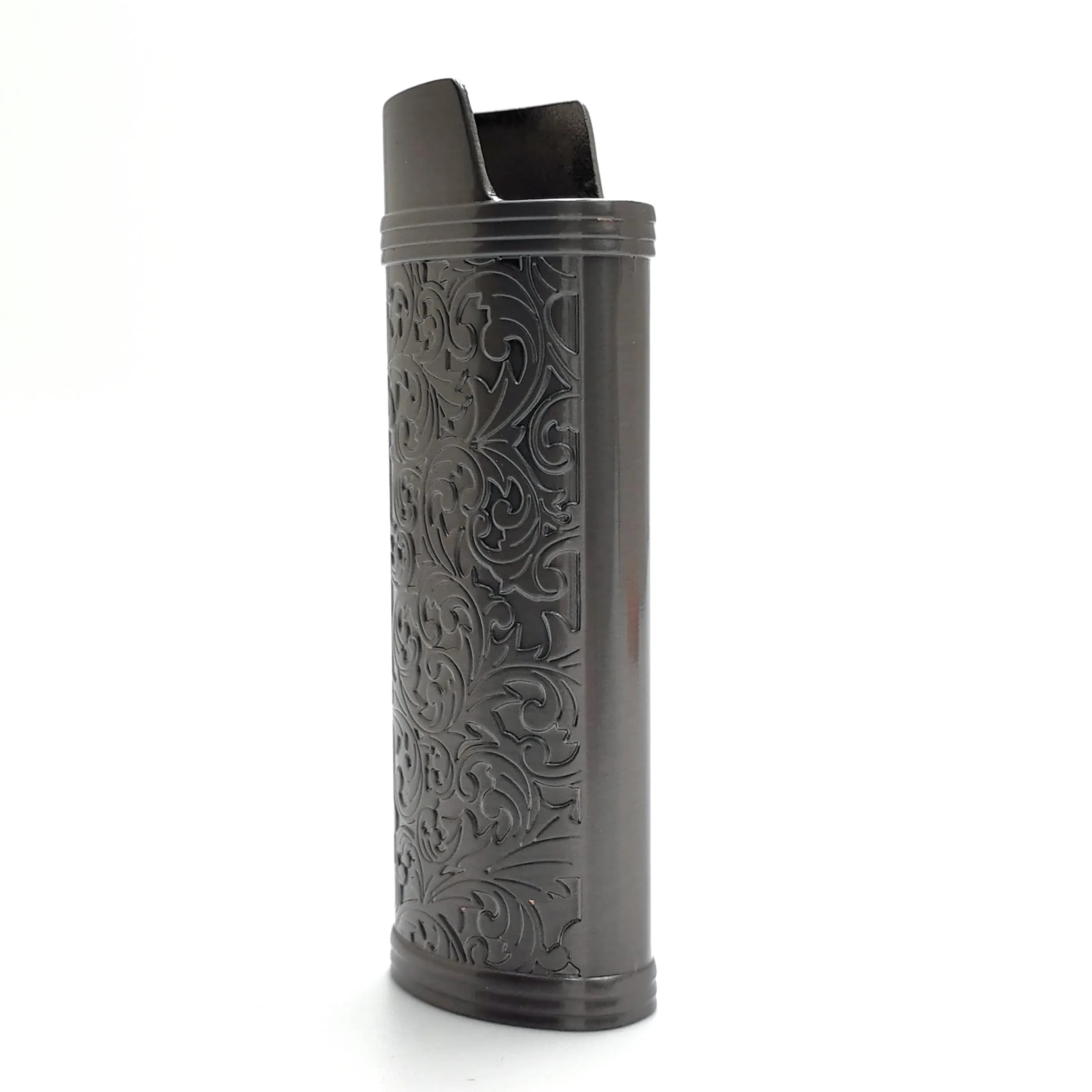 Lucklybestseller Metal Lighter Case Cover Holder Vintage Floral Stamped for BIC Full Size Lighter J6 — Black