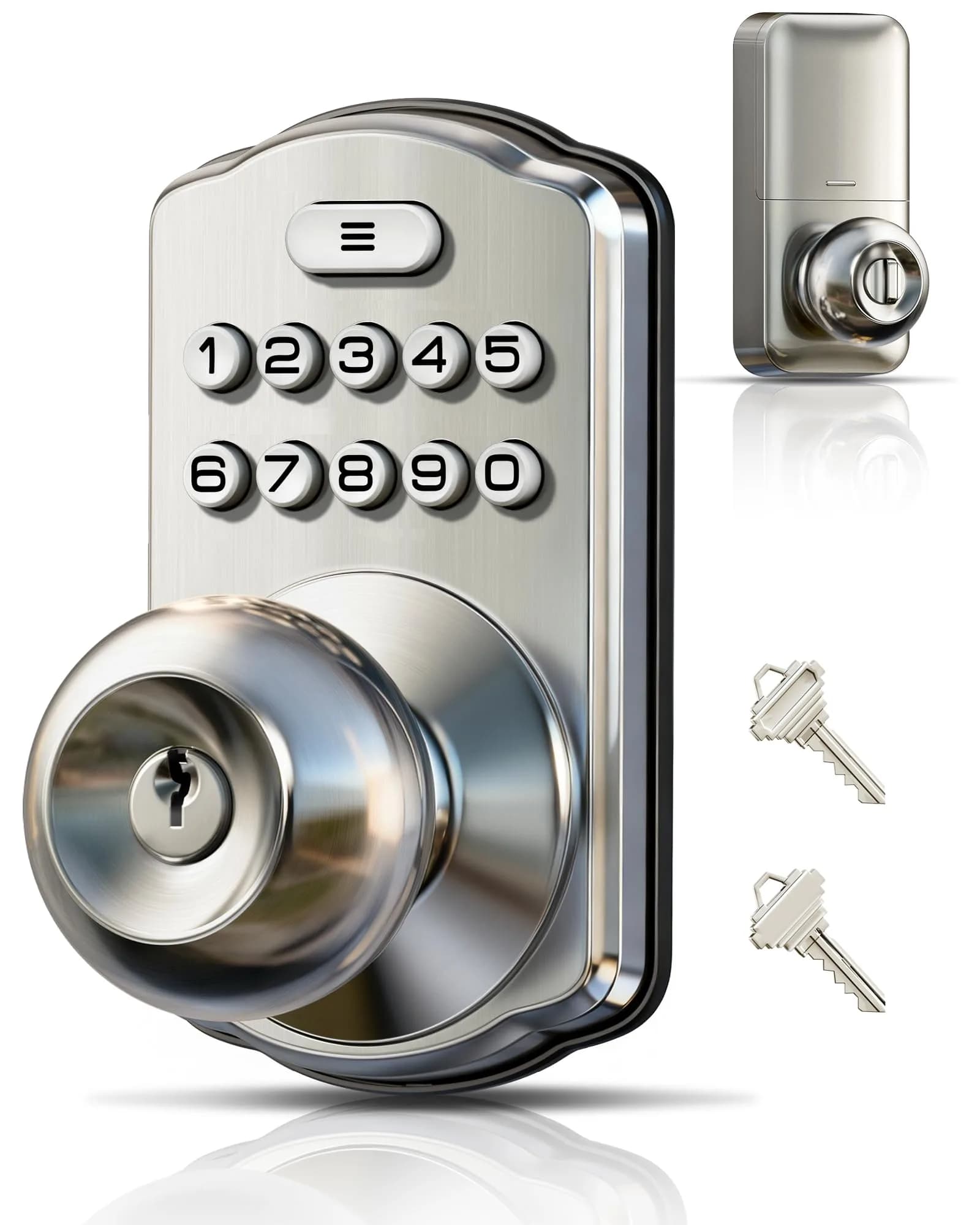 Veise KS03 Keypad Door Knob with Handle | Keyless Entry Lock, Matte Black, 20 User Codes, Auto-Lock, Waterproof — Satin Nickel