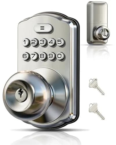 Veise KS03 Keypad Door Knob | Keyless Entry Lock with Handle, Satin Nickel, US Standard thumbnail 1