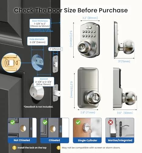 Veise KS03 Keypad Door Knob | Keyless Entry Lock with Handle, Satin Nickel, US Standard thumbnail 6