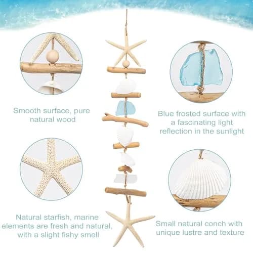 JQAQJU 2PCS Wooden Driftwood Wall Decor with Starfish, Coastal Wall Art 49.8cm (19.7 inches) thumbnail 4