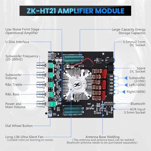 ARRAROWN Bluetooth Amplifier Board ZK-HT21 2.1 Channel 160W x 2 + 220W Subwoofer | HiFi Stereo Audio thumbnail 6