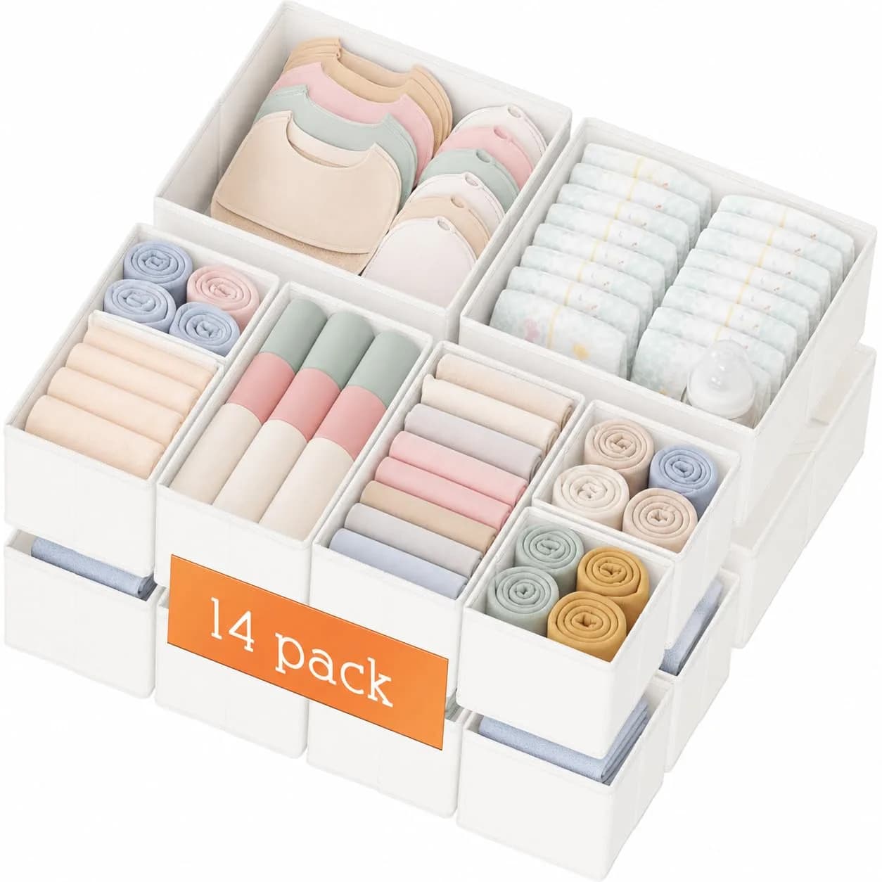 Criusia White 14 Pack Drawer Organizer Caddy | Lightweight Foldable Closet Storage Dividers for Baby Clothes, Underwear, Socks — 14-Pack