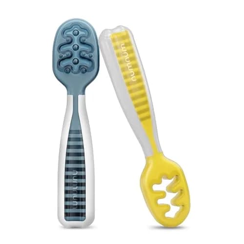 NumNum Baby Spoons Self Feeding 6 Months, 2-Pack Blue/Yellow | Pediatric OT Recommended for Baby-Led Weaning thumbnail 1