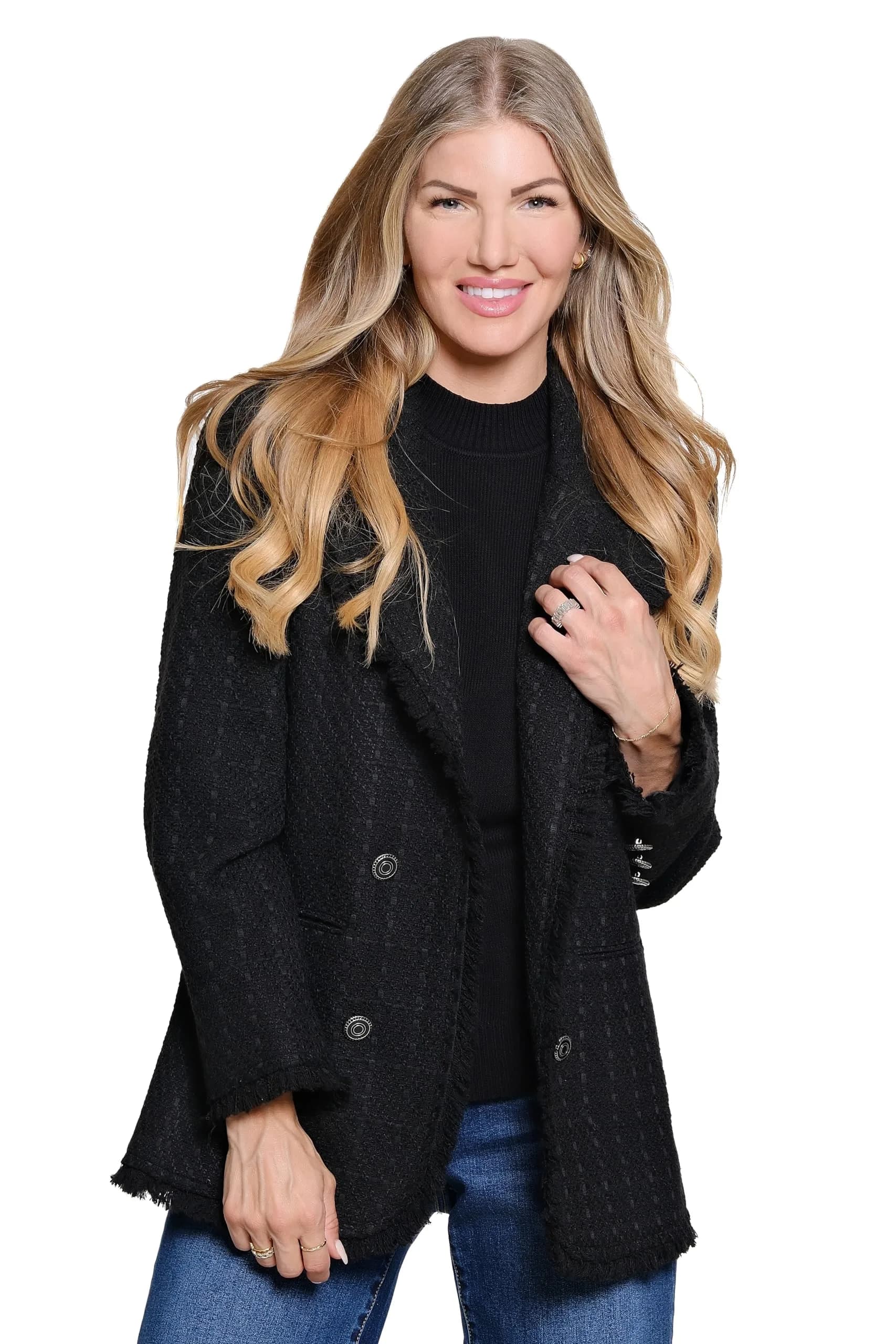 John-Mark Tweed Open Front Coat with Pockets & Long Sleeves | Black XS
