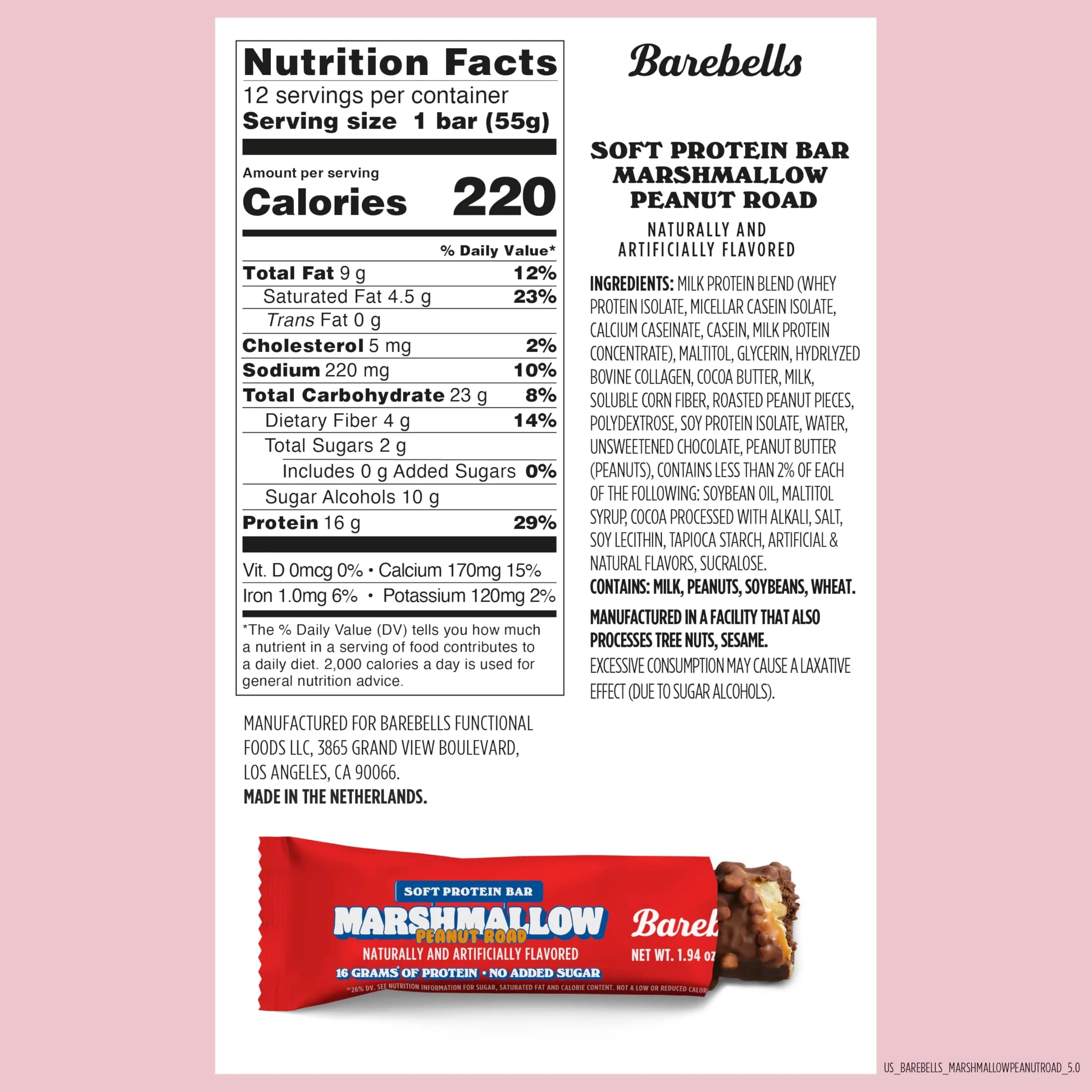 BAREBELLS Marshmallow Peanut Road Soft Protein Bars, 24 Bars | High Protein, No Added Sugar Treat - view 6