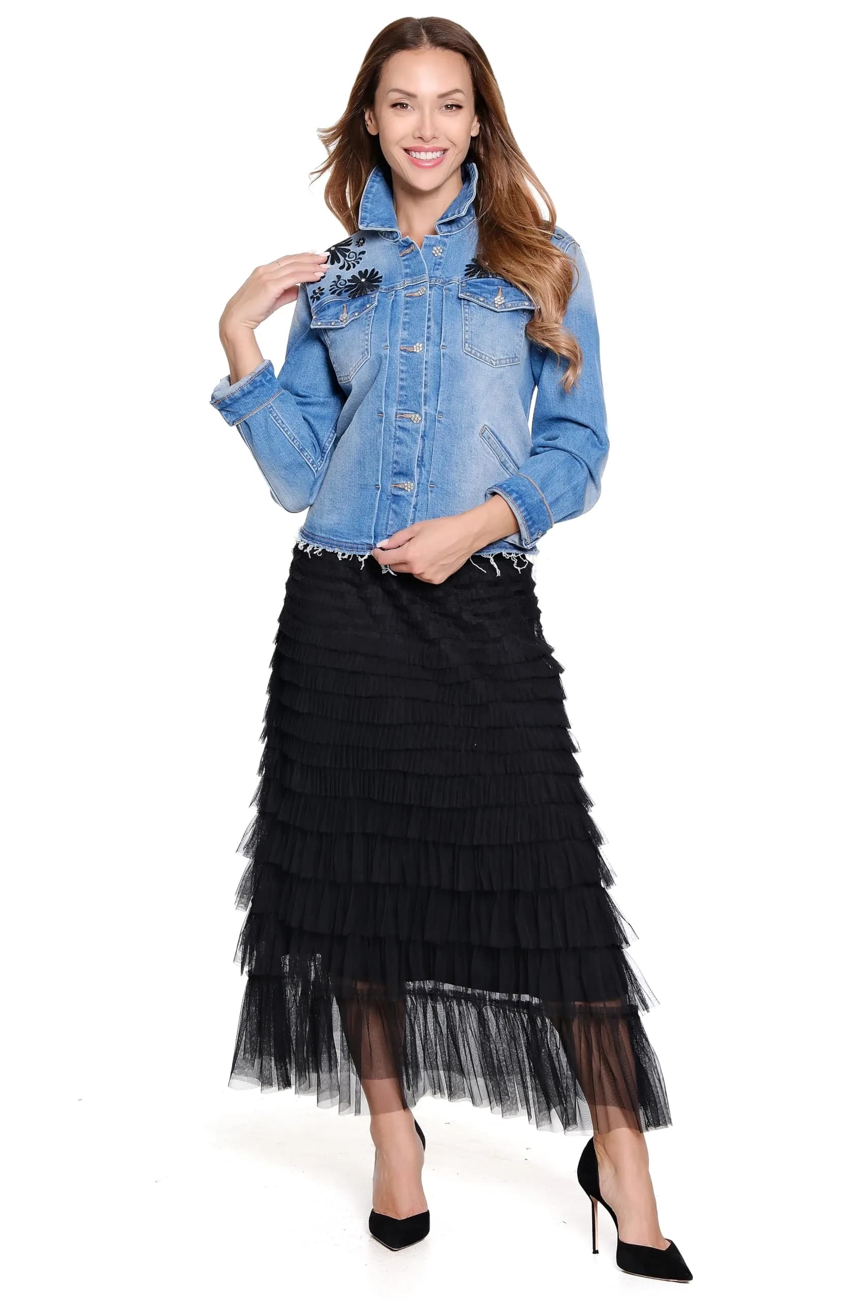 John-Mark Tiered Tulle Lined Pull On Skirt | Elegant Black, Mid Rise, Petite