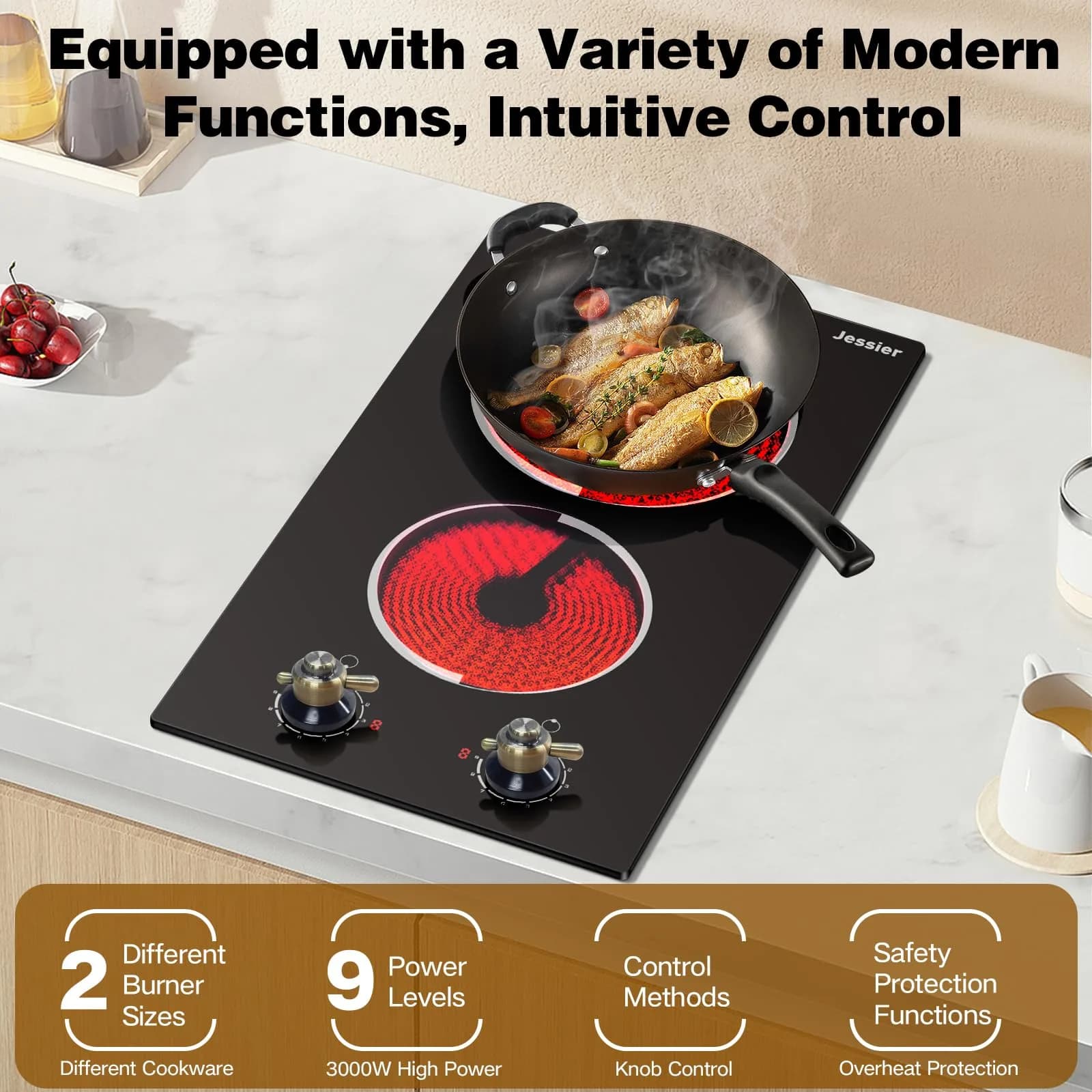 Jessier 2 Burner Electric Cooktop 3000W 220V | 15.6 cm (6.1 in) x 52.1 cm (20.5 in) x 2.9 cm (1.1 in) - view 4