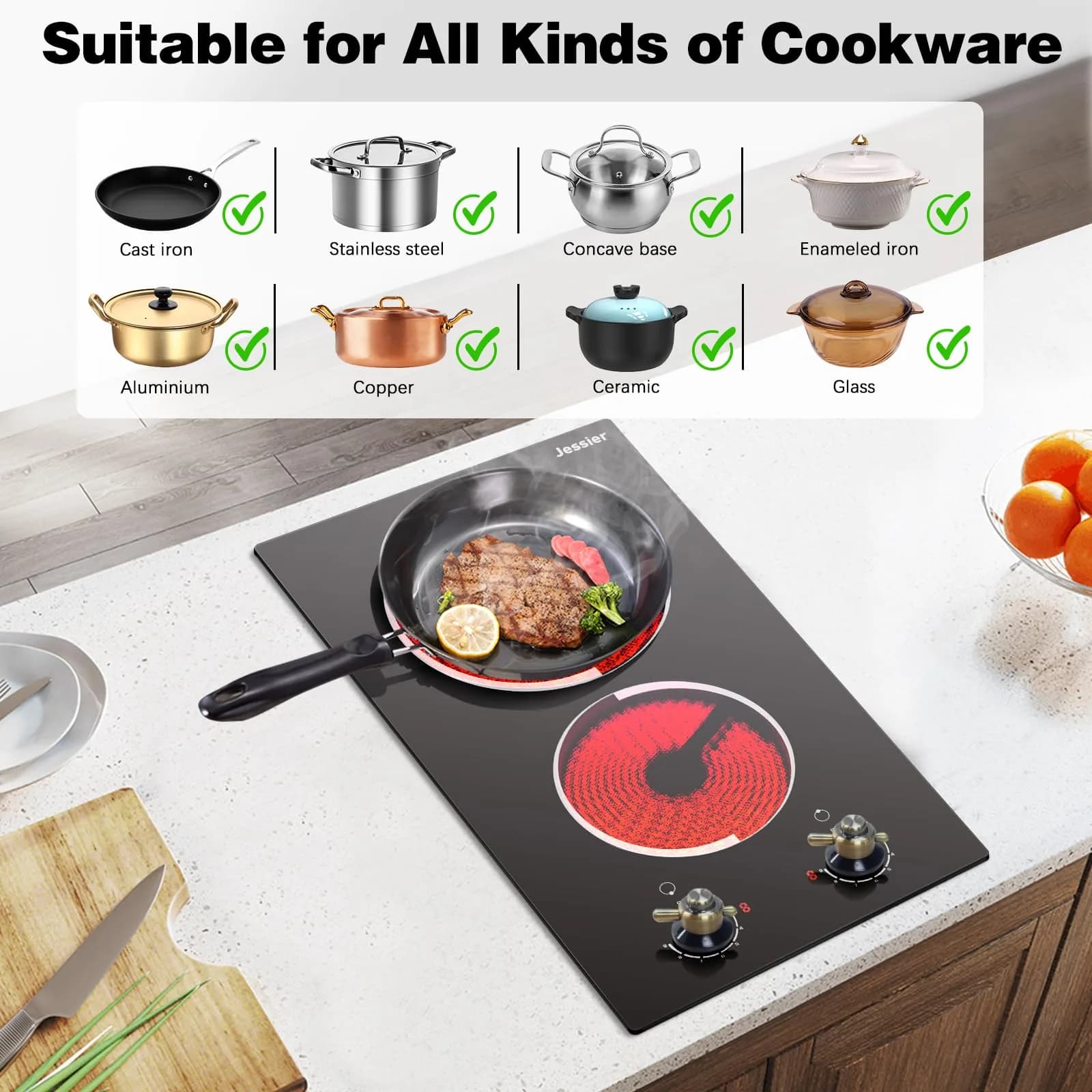 Jessier 2 Burner Electric Cooktop 3000W 220V | 15.6 cm (6.1 in) x 52.1 cm (20.5 in) x 2.9 cm (1.1 in) - view 6